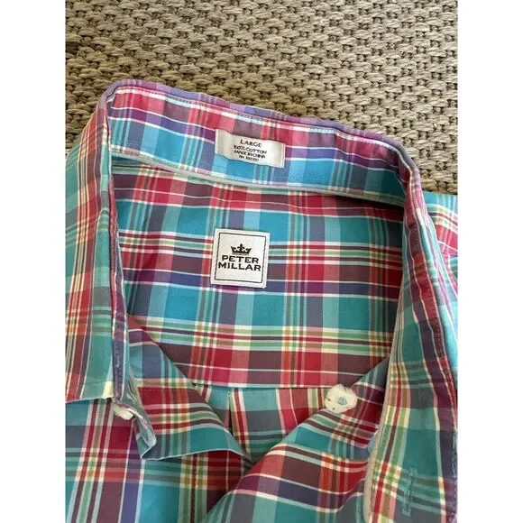 Peter Millar Shirt Mens L Crown Crafted Performance Button Down‎ Pink Blue Plaid - Picture 6 of 6
